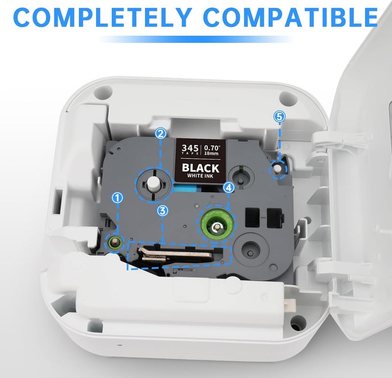 شريط لاصق أبيض على أسود مغلف من Unismar Tze-345 متوافق مع طابعات Brother Ptouch، مقاس 18 مم، سمك 0.7 بوصة، يعمل مع طابعات الملصقات Pt-D400Ad، Pt-D410، Pt-D600، Pt-D400، Pt-2700، Pt-1880، مقاس 3/4 بوصة × 26.2 بوصة، عبوة من 4 قطع - Image 2
